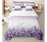 Homewish Set copripiumino super king size viola eucalipto 7 pezzi | Set di biancheria da letto rustico con foglie botaniche ad acquerello, con federe per cuscini, 45 x 45 cm