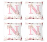 Homewish Set di 4 federe per cuscino personalizzate con lettera N 40 x 40 | Federe per cuscino romantiche con fiori pastello rosa con monogramma decorativo per camera da letto