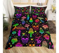 Homewish Set di biancheria da letto carino con funghi, teschio della morte doppio, copripiumino con teschio scheletro boho, copripiumino con funghi selvaggi al neon, copripiumino con stelle glitterate