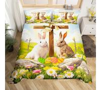 Homewish Set di biancheria da letto con coniglio, 2 pezzi, copripiumino singolo con stampa di uova di Pasqua, copripiumino a tema pasquale, rustico, floreale, decorazione pasquale