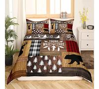 Homewish Set di biancheria da letto con copripiumino in stile retrò con capanna rustica, motivo: orso, cervo, caccia, fauna selvatica, set di biancheria da letto con motivo scozzese, fattoria,