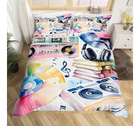 Homewish Set di biancheria da letto con copripiumino per letto king size, con stampa a tema musica, cuffie e libri, per bambini, ragazzi e ragazze, in vinile
