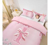 Homewish Set di biancheria da letto con copripiumino rosa con fiocco e iniziale I personalizzata, per letto super king size con fiocco e scritta "Princess Glitter", set di biancheria da letto per