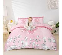 Homewish Set di biancheria da letto in 100% cotone con fiocco rosa carino con iniziale V personalizzato copripiumino matrimoniale, carino fiocco monogramma set da letto Coquette Princess Glitter Bed