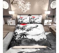 Homewish Set di biancheria da letto in stile giapponese con motivo gru di montagna, super king size, per bambini, con foglie di bambù e sole, stile vintage, leggero, decorazione per camera da letto,