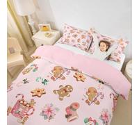 Homewish Set di biancheria da letto per letto singolo con copripiumino natalizio con pan di zenzero rosa e pan di zenzero, decorazioni natalizie con bastoncini di zucchero