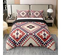 Homewish Set di biancheria da letto rustico sud-occidentale per letto super king size western boho azteco 100% cotone copripiumino geometrico diamante per bambini ragazzi ragazze adulti rosso navy blu