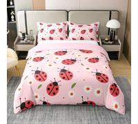 Homewish Set di biancheria da letto singolo a sette pois, 100% cotone, per bambini, ragazzi, ragazze, margherite, fiori, insetti, rosso, rosa, copripiumino morbido e confortevole