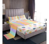 Homewish Set di lenzuola arcobaleno per letto singolo, motivo amore per ragazze e bambini, motivo cuore kawaii animali della fattoria, lenzuola colorate geometriche in stile cartone animato, lenzuolo