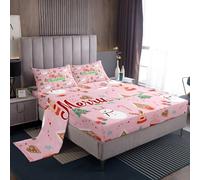 Homewish Set di lenzuola matrimoniali Merry Christmas, con tasca profonda, motivo pupazzo di neve e albero di Natale, per bambini, ragazze, decorazione per la stanza rosa