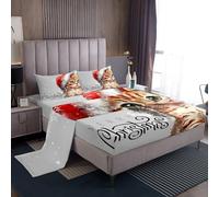 Homewish Set di lenzuola per letto matrimoniale a tema natalizio, con grazioso gatto in stile cartone animato, regalo di Babbo Natale, per ragazzi, ragazze, bambini, felice anno nuovo, Natale