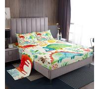 Homewish Set di lenzuola per letto matrimoniale, con simpatici animali, per bambini, ragazzi e ragazze, lenzuola con dinosauri selvatici kawaii, foglie verdi gialle e verdi, lenzuolo con angoli