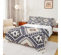 Homewish Set di lenzuola per letto matrimoniale, stile bohémien occidentale, stile azteco, geometrico, con diamanti, rustico, per bambini, ragazzi e ragazze, colore blu navy e grigio, 4 pezzi