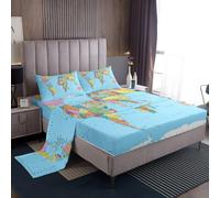 Homewish Set di lenzuola per letto singolo con mappa del mondo, per bambini, ragazzi e ragazze, set di lenzuola blu estetico per tutte le stagioni, lenzuolo con angoli elasticizzati in microfibra con
