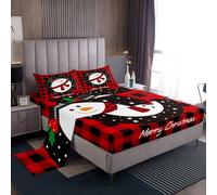 Homewish Set di lenzuola per letto singolo, motivo: pupazzo di neve, motivo natalizio, motivo geometrico a scacchi, nero e rosso, per ragazzi e adulti