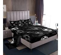 Homewish Set di lenzuola per ragazzi e ragazzi, per letto singolo, motivo calcio grunge, nero e grigio, per bambini, ragazzi e uomini, con lenzuolo con angoli per tutte le stagioni, con 1 federa