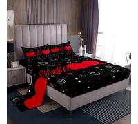 Homewish Set di lenzuola per San Valentino singolo, set di lenzuola con cuori rossi per una giovane coppia, lenzuola Kawaii Love Heart Pattern, carino disegnato a mano nero rosso camera Decor lenzuolo