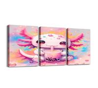 Homewish Stampa artistica da parete su tela con salamandra rosa, simpatici animali dell'oceano, 40 x 30 cm, 3 pezzi, arte da parete, dessert, latte, tè, arcobaleno, tie dye, animali selvatici
