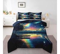 Homewish Starry Night King - Set copripiumino senza copripiumino, 3 pezzi | Rainbow Galaxy - Piumone per tutte le stagioni, con motivo albero sul lago, leggero