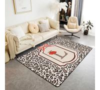 Homewish Tappeto grande con stampa leopardata per soggiorno 150x200cm | Tappeto moderno rosso con fiocco e labbra stampa leopardata alfabeto L area tappeto non perde pelo per corridoio