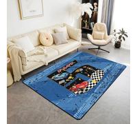 Homewish Tappeto per bambini con auto da corsa, 150 x 200 cm, per soggiorno, auto da corsa, antiscivolo, ad acquerello, numero 5, tappeto sportivo geometrico, motivo scozzese, bandiera da corsa