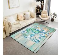 Homewish Tappeto per interni con cavallucci marini in stile cartone animato con pesce stella marina tappeto corallo corallo oceano animale retrò decorativo in legno tappeto non spargimento, verde non