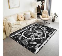 Homewish Tappeto personalizzato con fiocco nero con iniziale lettera B, 100 x 150 cm, per camera da letto, tappeto estetico con piume grigie, stampa leopardata, per soggiorno, con perline e cuore