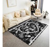 Homewish Tappeto personalizzato con fiocco nero con iniziale lettera L, 100 x 150 cm, per camera da letto, estetico con piume grigie, stampa leopardata, tappeto per soggiorno con perline a forma di