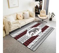 Homewish Tappeto tribale con orso 150 x 200 cm, per camera da letto e soggiorno, stile rustico, moderno, tappeto a quadri di bufalo rosso, grande, tappeto etnico sud-occidentale, azteco, non perde