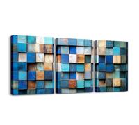 Homewish Tela artistica da parete in legno blu - Poster astratto costiero per la casa in foglia di tè - Dipinti da parete per soggiorno 30,5 x 40,6 x 3 pannelli