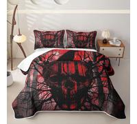 Homewish Trapunta Matrimoniale Teschio Horror Rosso Microfibra | Set di biancheria da letto trapuntato, 3 pezzi, motivo: Halloween, corvo, ragnatela, copriletto, gotico, scheletro, rami,