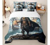 Homewish Viking Warrior - Set copripiumino singolo, 7 pezzi | Ocean Ship - Set di biancheria da letto con motivo onde oceaniche e federe, 45 x 45 cm