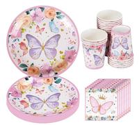 Homewit - Set di 64 stoviglie a forma di farfalla, per feste di compleanno per bambini, decorazione per bambini, per compleanno, per compleanno, piatti di carta, tovaglioli, tovaglia
