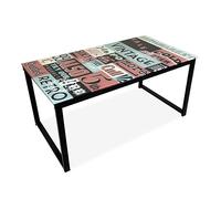 Homey Tavolino da salotto in vetro stampato con gambe metalliche, modello, tavolino da salotto o sala da pranzo, stampa vintage, 90 cm (larghezza) x 50 cm (profondità) x 43 cm (altezza)