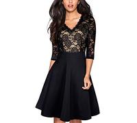 HOMEYEE Vintage Cocktail 3/4 Manica Pizzo Floreale Ricamato delle Donne Vestito Svasato A062(EU 36 = Size S,Nero)