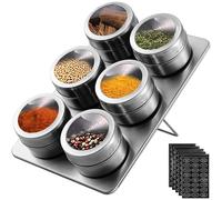 HOMGEN 6pz Portaspezie Magnetici con Supporto Barattoli Spezie in Acciaio Inox con Base Magnetico Portaspezie Salvaspazio per Cannella Sesami Cumino Vasetti per Spezie per Cucina