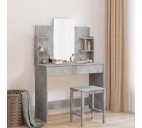 Homgoday Toeletta con Specchio Grigio Cemento 96x39x142 cm, Postazione Trucco, Toletta da Tucco con Specchio, Consolle Trucco con Specchiera, Postazione Make-up con Mensole Aperte e 2 Cassetti