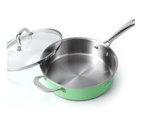 HOMICHEF 24 CM Verde menta Padella in acciaio inox senza nichel con coperchio in vetro - 2.37 L Padella profonda non tossica per piano cottura a induzione, sicura per il forno