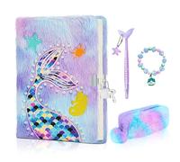 homicozy Diario Segreto Bambina con Lucchetto, 4 Pcs Sirena Peluche Quaderno Diario con Astuccio e Penna, 160 Pagine A5 Taccuino, Cancelleria Scuola Regalo per 6 7 8 9 10 Ragazza,Viola