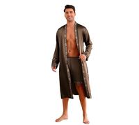 Homidam Uomo 2 Pezzi Satino Pigiama Set Maniche Lunghe Kimono Roba con Pantaloni Corti Set Abiti da casa Abiti da Letto(XXL,Coffee)