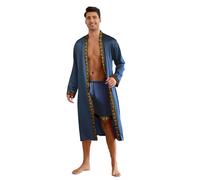 Homidam Uomo 2 Pezzi Satino Pigiama Set Maniche Lunghe Kimono Roba con Pantaloni Corti Set Abiti da casa Abiti da Letto(XXL,Navy)