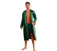 Homidam Uomo 2 Pezzi Satino Pigiama Set Maniche Lunghe Kimono Roba con Pantaloni Corti Set Abiti da casa Abiti da Letto(XL,Green)