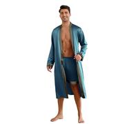 Homidam Uomo 2 Pezzi Satino Pigiama Set Maniche Lunghe Kimono Roba con Pantaloni Corti Set Abiti da casa Abiti da Letto(XXL,Blue)