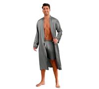 Homidam Uomo 2 Pezzi Satino Pigiama Set Maniche Lunghe Kimono Roba con Pantaloni Corti Set Abiti da casa Abiti da Letto(XL,Silvergrey)