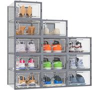HOMIDEC 12 pcs Scatole per Scarpe,Scatole Portascarpe in Plastica Trasparenti impilabili, Contenitori Portascarpe con Coperchi per donna/uomo,Grigio