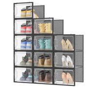 HOMIDEC Scatole per Scarpe,12 pcs Scatole Portascarpe in Plastica Trasparenti impilabili, Contenitori Portascarpe con Coperchi per donna/uomo,L Nero