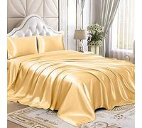 Homiest Set di lenzuola in raso, 4 pezzi, set di biancheria da letto in raso di seta di lusso con tasca profonda, 1 lenzuolo con angoli + 1 lenzuolo di sopra + 2 federe (queen size, oro)