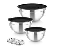 Homikit Set di 3 ciotole in acciaio inox, con coperchio ermetico e 3 grattugie, nero, per mescolare, 1,6 l, 2,8 l, 4,6 l, impilabili