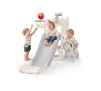 Hominewti Scivolo per Bambini, 5 in 1 Scivolo per Interni ed Esterni, Parco Giochi per Bambini con Canestro da Basket, Spazio di Archiviazione e Telescopio, Parco Giochi per Bambini da 1 Anno, Grigio