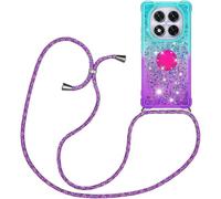 HomiTunky Custodia per cellulare per Xiaomi Redmi Note 14 Pro Plus + 5G con nastro, in silicone trasparente, con glitter liquido con catena, bumper in sabbia mobile in TPU, blu viola